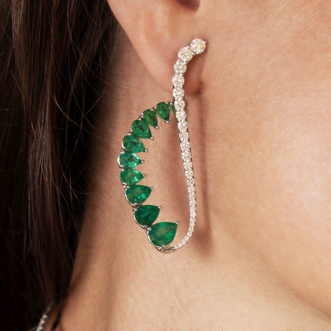 Curved Emerald and Diamond Earrings