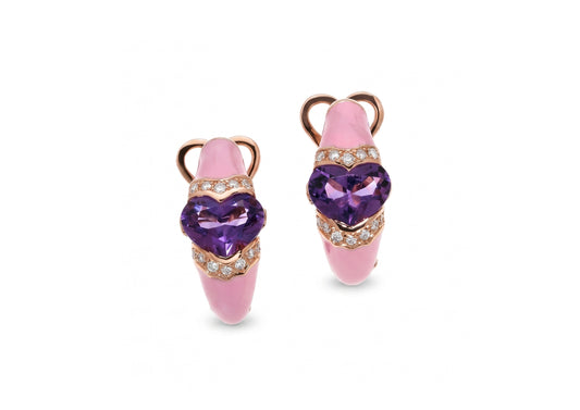 Pink Enamel Amethyst Heart Earrings