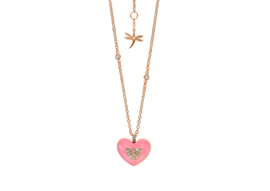 Pink Enamel Heart Diamond Pendant