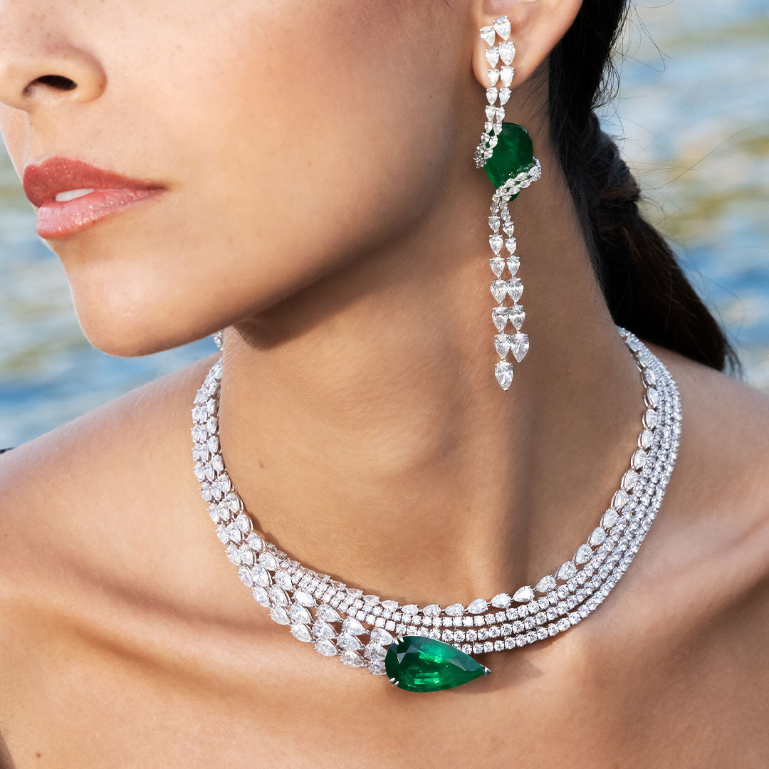 Cascading Diamond and Emerald Earrings