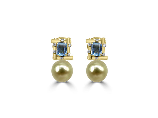 South Sea Golden Pearl and Aquamarine Earrings