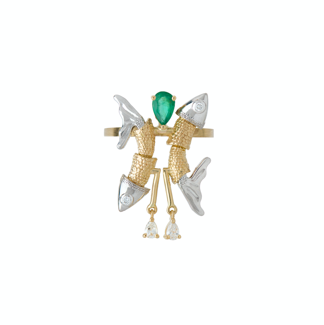 Emerald and Diamond Pisces Ring