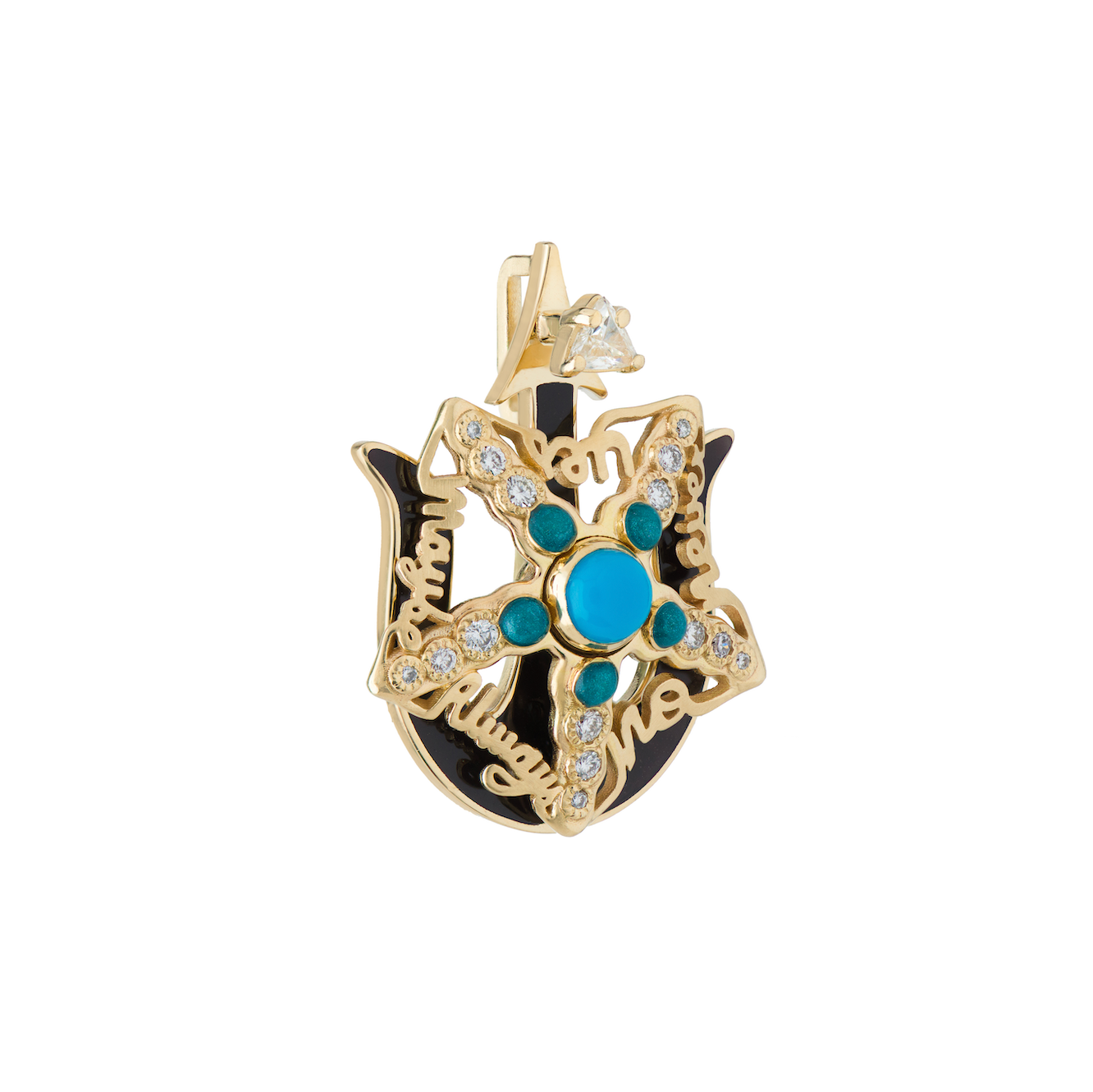 Spinning Black Enamel, Turquoise & Diamond Starfish Pendant